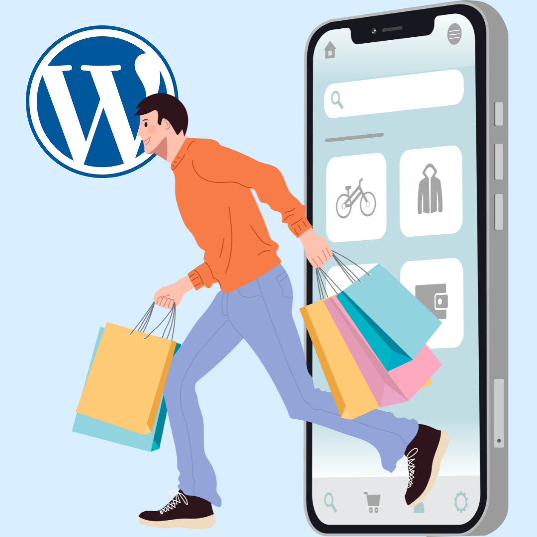 Grafika za spletno trgovino wordpress. Človek, ki izhaja iz telefona z nakupovalnimi vrečkami. V ozadju je wordpress logo.